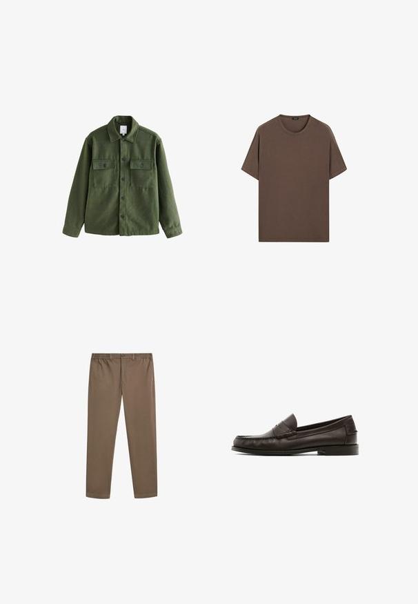 Grüne Wollmischjacke mit Knopfverschluss, zwei Brusttaschen, klassischem Kragen und langen Ärmeln. Strukturierter Stoff mit matter Oberfläche.; Braunes Baumwoll-T-Shirt mit Rundhalsausschnitt und kurzen Ärmeln. Einfaches Design mit gleichmäßiger Textur und lockerer Passform. Keine Muster oder Akzente.; Braune Baumwollchinos mit geradem Bein, elastischem Bund und Vordertaschen. Glatte Textur und minimale Nahtdetails.; Braune Leder-Loafers mit glatter Textur, dekorativer Naht, flachem Absatz und einem runden Zehendesign.