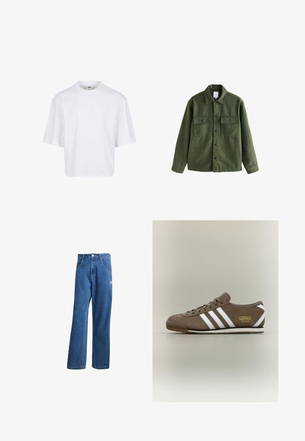 Zelena jakna iz mešane volne z gumbnim zapiranjem spredaj, dvema prsnikoma, klasičnim ovratnikom in dolgimi rokavi. Teksturovana tkanina z mat finišem.; Bela kratka majica s kratkimi rokavi, ki ima okroglo izrez in sproščen kroj, izdelana iz gladkega bombažnega mešanega materiala. Brez vzorcev ali okrasnih detajlov.; Modre visoko pasu široke denim kavbojke z sprednjimi žepi, zankami za pas, gumbom za zapiranje in majhnim logotipom Adidas na desni stegno.; Rjav semiš športni copat s tremi belimi črtami, ravnim gumijastim podplatom, okroglim sprednjim delom in zlatim logotipom "adidas Italia" na strani.
