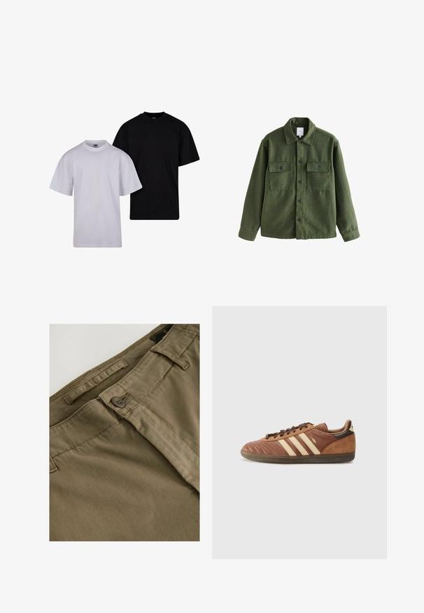 Žalias vilnos mišinio švarkas su mygtukų užsegimu, dviem krūtinės kišenėmis, klasikine apykakle ir ilgomis rankovėmis. Tekstūruota medžiaga su matinio paviršiaus apdaila.; Juodos ir baltos spalvos medvilniniai marškiniai. Trumpomis rankovėmis, su apvalia kaklo iškirpte ir laisvu kirpimu. Slygus paviršius, be raštų.; Chaki kelnes su glotniu paviršiumi, kurioms būdingas mygtuko užsegimas, diržo kilpos ir subtilūs horizontalaus raibėjimo elementai medžiagoje.; adidas Originals SAMBA UNISEX - Sportbačiai - preloved brown/sand strata/dark brown