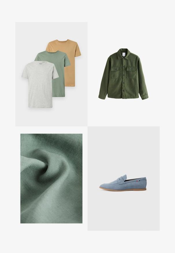 Žalias vilnos mišinio švarkas su mygtukų užsegimu, dviem krūtinės kišenėmis, klasikine apykakle ir ilgomis rankovėmis. Tekstūruota medžiaga su matinio paviršiaus apdaila.; Trys trumpų rankovių marškiniai pilkos, žalios ir garstyčių spalvų. Pagaminti iš minkštos medvilnės, turi apvalų kaklą ir įprastą siluetą.; Šviesiai žali audiniai su švelniu, tekstūruotu paviršiumi, turintys švelnias klostes ir raukšles, atspindintys lygią ir delikačią išvaizdą.; Šviesiai mėlynas zomšinės loafer stiliaus batų modelis su lygia tekstūra, dekoratyvine siuvinėjimu ir rudos gumos padu. Išskirtinai turi monetų lizdo dizainą ant viršaus.