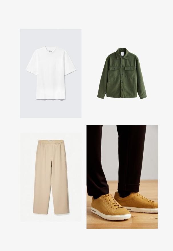 Zielona kurtka z mieszanki wełny z zapięciem na guziki, dwoma kieszeniami na piersi, klasycznym kołnierzykiem i długimi rękawami. Teksturowany materiał o matowym wykończeniu.; Płaska biała koszulka z krótkim rękawem o luźnym kroju położona na jasnoszarym tle.; Beżowe spodnie szerokie z elastycznym paskiem, wykonane z miękkiego materiału, o gładkiej fakturze i minimalnych detalach szwów.; Żółte tenisówki z prążkowanej tkaniny z białymi podeszwami, z okrągłym czubkiem, sznurowanym zapięciem i teksturowaną powierzchnią, noszone z czarnymi spodniami z mankietami na drewnianej podłodze.