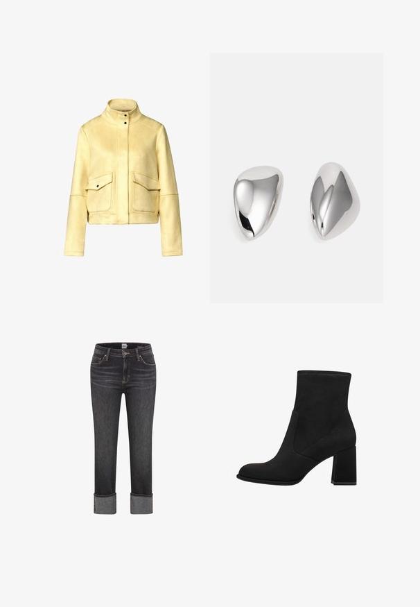 Veste cropped en daim jaune avec un col montant, deux poches avant et des boutons-pression noirs pour la fermeture. Texture lisse, design structuré.; T-shirt gris à manches courtes en tissu lisse. Il présente un col rond, un ourlet droit et des détails de couture minimaux.; Jean droit gris foncé avec ourlets repliés, fermeture par bouton et zip à l'avant, passants de ceinture, et poches avant et arrière.; Bottines noires à talon bloc, en suède doux. Elles présentent un bout arrondi et des panneaux latéraux lisses avec des détails de couture.; Boucles d'oreilles en métal argenté avec une forme de goutte d'eau lisse et brillante. Elles présentent une finition polie et un design épuré sans embellissements.