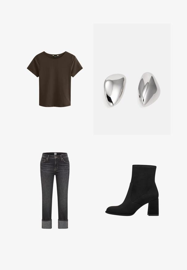 Geel suède cropped jack met hoge kraag, twee voorzakken en zwarte drukknoopsluitingen. Vette textuur, gestructureerd ontwerp.; Bruine korte mouwen t-shirt met een ronde hals, gemaakt van zachte stof, met een eenvoudig en naadloos ontwerp zonder zichtbare logo's of patronen.; Donkergrijze rechte jeans met omgevouwen pijpen, een knoop en rits aan de voorkant, riemlussen, en voor- en achterzakken.; Zwarte enkellaarsjes met een blokhak, gemaakt van zacht suede. Kenmerkt zich door een ronde neus en gladde zijpanelen met stikdetails.; Zilverkleurige metalen oorbellen met een gladde, glanzende, druppelvormige uitstraling. Ze hebben een gepolijste afwerking en een naadloos ontwerp zonder versieringen.