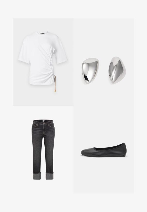 Geel suède cropped jack met hoge kraag, twee voorzakken en zwarte drukknoopsluitingen. Vette textuur, gestructureerd ontwerp.; Witte T-shirt met korte mouwen, zijkanten met rimpeling en een trekkoord met gouden hardware voor een verstelbare pasvorm. Soepele katoenen stof.; Donkergrijze rechte jeans met omgevouwen pijpen, een knoop en rits aan de voorkant, riemlussen, en voor- en achterzakken.; Zwarte leren ballerina met een ronde neus, gladde textuur, minimale stikdetails en een flexibele zoolontwerp.; Zilverkleurige metalen oorbellen met een gladde, glanzende, druppelvormige uitstraling. Ze hebben een gepolijste afwerking en een naadloos ontwerp zonder versieringen.