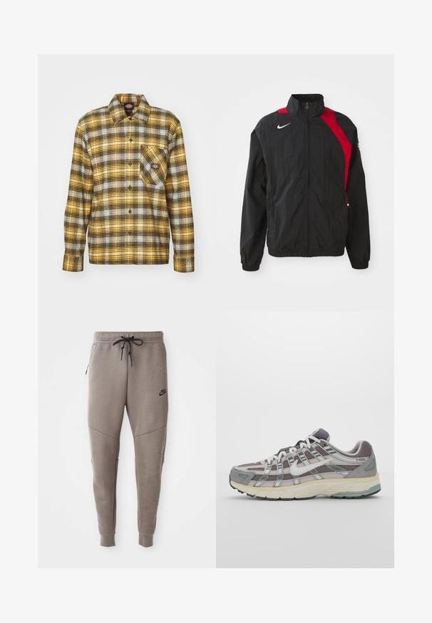 Mustard musternjaakk, millel on punased detailid, tõmblukk, kõrge krae, elastsed mansetid ja peegeldav logo detail rinnal. Kerge, tekstureeritud kangas.; Ruuduline flanellpait, kollase, musta ja valge värviga. Omab eesmist taskut, nööbikinnitust, pikki varrukaid ja standardset kraed.; Kolm valget ribaga t-särki, mis on valmistatud puuvillast. Omavad ümmargust kaelanõhku ja väikseid musti silte hemme lähedal. Saadaval erinevates suurustes.; Hallide Nike dressipüksid, millel on nööriga vöökoht, kitsenevad sääred, küljetaskud ja eristuv õmbluse detail. Pehme, tekstureeritud kangas.; Hallus hallitus jalanõud, millel on võrgust ja sametist ülemine osa, valged rõhutused, pehme tald ning eristuv disain peegelduvate elementidega.