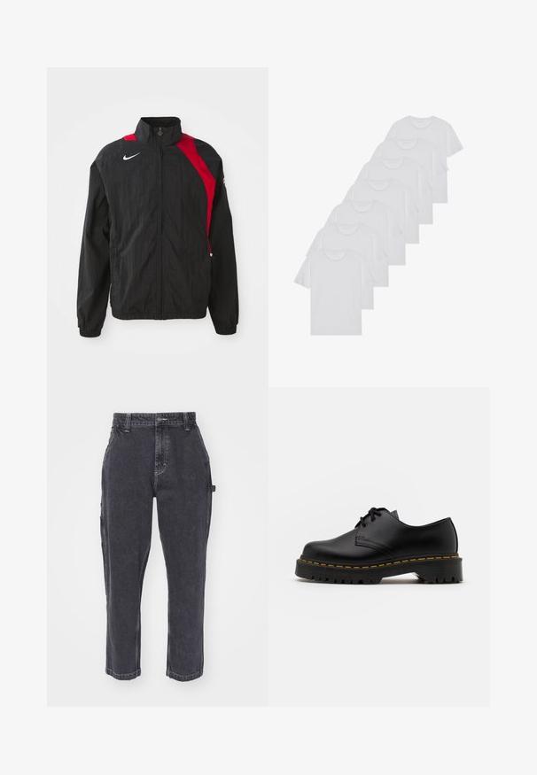 Černá větrací bunda s červenými akcenty, zipovým uzávěrem, vysokým límcem, elastickými manžetami a reflexním logem na hrudi. Lehká, strukturovaná tkanina.; Bílé bavlněné trička s krátkým rukávem, design s kulatým výstřihem, jednobarevná textura, naskládána do řady, s jemným brandingem na výstřihu.; Tmavě šedé denimové cargo kalhoty s rovnými nohavicemi, které mají boční kapsy a kontrastní prošívání.; Černá kůže šněrovací boty s kulatou špičkou, texturovanou gumovou podrážkou a žlutým prošíváním kolem základny. Plný design a hladký povrch.