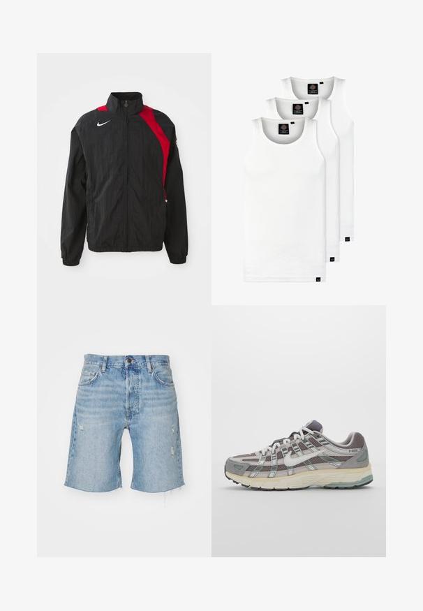 Mustat tuulitakki punaisilla yksityiskohdilla, vetoketjusuljenta, korkea kaulus, joustavat hihansuut ja heijastava logo yksityiskohtana rinnassa. Kevyt, teksturoitu kangas.; Kolme valkoista ribbitekstiilistä toppia, jotka on valmistettu puuvillasta. Ominaisuuksiin kuuluu pyöreä pääntie ja pieni musta etiketti helman lähellä. Saatavilla useissa kooissa.; Farkkushortsit vaaleansinisinä, joissa on korkea vyötärö, revityt helmat, kuluneet yksityiskohdat ja viisi taskua. Klassinen nappi- ja vetoketjukiinnitys.; Harmaa urheilukenkä, jossa on verkko- ja mokkanahkainen yläosa, valkoiset yksityiskohdat, pehmustettu pohja ja erottuva muotoilu heijastavilla elementeillä.