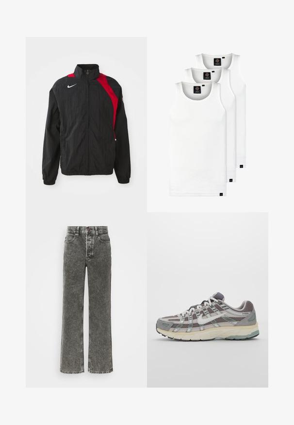 Juoda vėjo striukė su raudonomis detalėmis, užtrauktuku, aukštu apykakle, elastinėmis rankovėmis ir atspindinčiu logotipu ant krūtinės. Lengvas, tekstūruotas audinys.; Trys balti, dryžuoti marškiniai be rankovių, pagaminti iš medvilnės. Yra apvalus kaklas ir maži juodi etiketės netoli siūlės. Siūlomi įvairių dydžių.; Plačios kojos džinsai iš išblukusios juodos džinsinio audinio, su mygtuko uždarymu, penkių kišenių dizainu ir kontrastingu siūlų siuvimu palei siūles.; Pilkas sportinis batas su tinklu ir zomšos viršutine dalimi, baltomis detalėmis, paminkštintu padu ir išskirtiniu dizainu su atspindinčiais elementais.