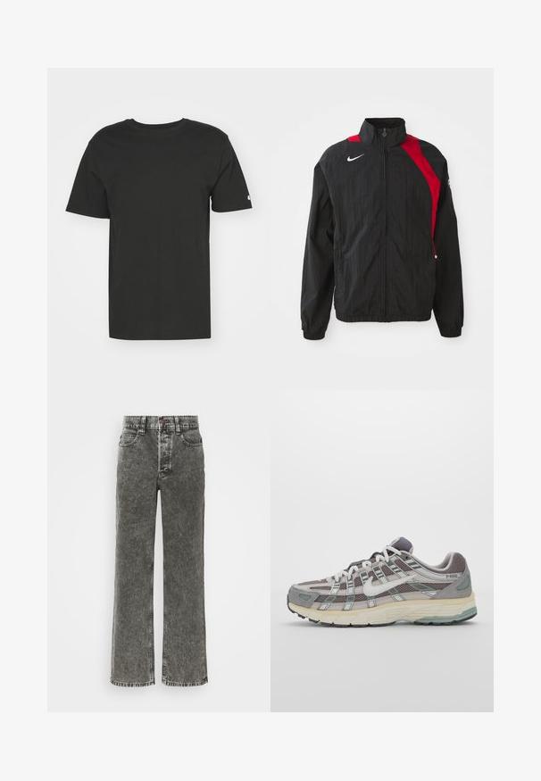 Črna vetrovka z rdečimi akcenti, z zadrgo, visokim ovratnikom, elastičnimi manšeti in odsevno oznako na prsih. Lahka, teksturirana tkanina.; Črna majica kratkih rokavov iz mehkega bombaža, z okrogliškim izrezom. Preprost dizajn z majhnim logotipom na levem rokavu.; Široke traperice v zbledeli črni denimu, ki imajo gumb zapiranje, pet žepov in kontrastno šivanje ob šivih.; Sive športne čevlje z zgornjim delom iz mrežastega in semiš materiala, belimi akcenti, oblazinjenim podplatom ter edinstvenim dizajnom z odsevnimi elementi.