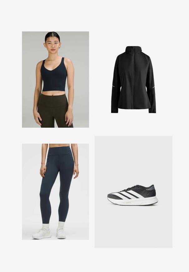 Schwarze Langarm-Jacke mit Reißverschluss und hohem Kragen, reflektierenden Streifen an den Ärmeln und elastischen Bündchen, auf weißem Hintergrund gezeigt.; Marinblaues, kurz geschnittenes Sporttop mit V-Ausschnitt und dünnen Trägern, aus dehnbarem Stoff, kombiniert mit hochgeschnittenen olivgrünen Leggings.; Hoch taillierte, dunkelblaue Leggings aus einem dehnbaren, glatten Stoff mit Flachnähten und ohne sichtbare Taschen, kombiniert mit weißen Sportschuhen.; Schwarzer Sportschuh mit weißen Streifen, Obermaterial aus Mesh, gepolsterter Sohle und einem schlanken Design. Akzente in Grau an der Ferse und der Zunge.