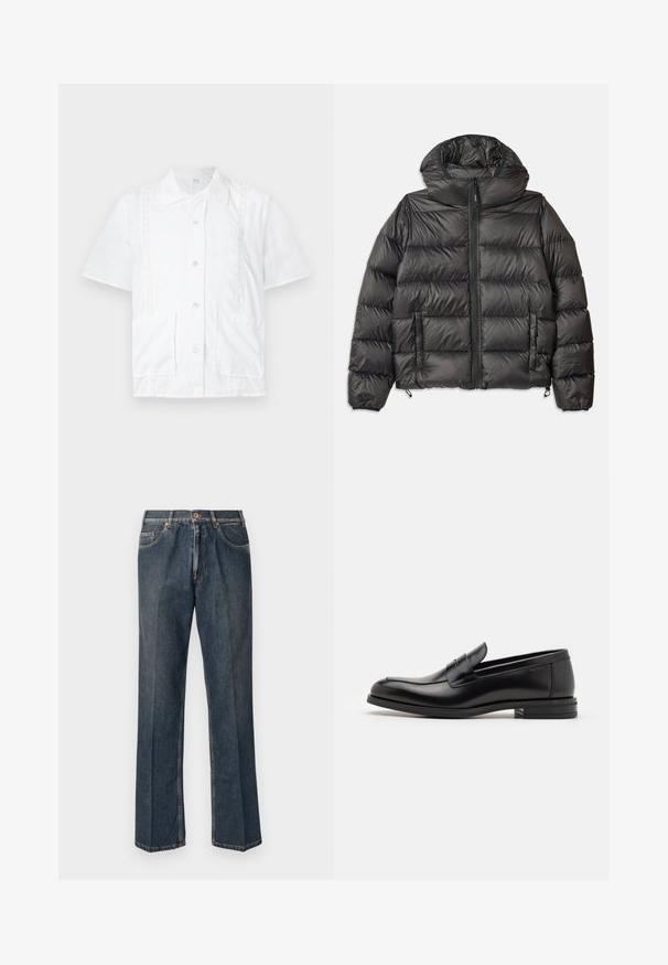 Sort pufferjakke med hætte, der har lynlås foran, to sidelommer og quiltet tekstur. Fremstillet af let, isoleret materiale.; Kremfarvet strikket sweater med polo-krave, ribbede mansjetter og kant, med en frontplacket og blød tekstur.; Hvid kortærmet skjorte med krave, to forlommer, blondekant detaljer og knapper ned ad midten. 100% bomulds materiale.; Mørkeblå T-shirt med korte ærmer og hvid tekst "neanche per sogno" centreret på brystet, rund hals, medium størrelse.; Mørkeblå lige ben denim jeans med frontknap, lynlås, dobbelte forlommer og synlige lodrette folder ned langs benene.; Sorte læderloafers med en glat overflade, rund tå og en dekorativ strop over vampen. Lav hæl med stabeldesign, minimalistisk stil.