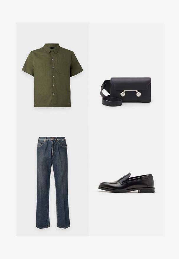 Zwarte gewatteerde jas met capuchon, voorzien van een ritssluiting aan de voorkant, twee zijzakken en een gewatteerde textuur. Gemaakt van lichtgewicht, geïsoleerd materiaal.; Crème-kleurige gebreide trui met een polo-kraag, geribde manchetten en zoom, voorzien van een voorste placket en een zachte textuur.; Korte mouwen shirt in donker olijfgroen, gemaakt van textuurstof; heeft een knoopsluiting aan de voorkant en een enkele borstzak.; Navy blauwe T-shirt met korte mouwen met witte tekst "neanche per sogno" gecentreerd op de borst, ronde hals, maat medium.; Donkerblauwe rechte spijkerbroek met een knoopsluiting aan de voorkant, rits, dubbele voorzakken en zichtbare verticale plooien langs de benen.; Zwarte leren instappers met een gladde textuur, ronde neus en een decoratieve band over de wreef. Lage, gestapelde hak en minimalistisch ontwerp.; Zwarte leren schoudertas met een klep, zilverkleurige hardware en twee ronde accenten. Voorzien van een afneembare schouderriem. Soepele textuur.