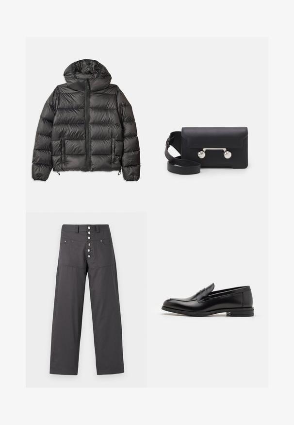 Giacca con cappuccio nera in piumino, con chiusura a zip frontale, due tasche laterali e texture trapuntata. Realizzata in materiale leggero e isolante.; Maglione lavorato a maglia color crema con colletto polo, polsini e orlo a coste, dotato di patta frontale e texture morbida.; T-shirt blu navy a maniche corte con scritta bianca "neanche per sogno" centrata sul petto, colletto girocollo, taglia media.; Pantaloni larghi grigi realizzati in tessuto leggero, con chiusura a bottone a cinque bottoni metallici e due tasche frontali.; Mocassini neri in pelle con una texture liscia, punta arrotondata e una striscia decorativa sulla tomaia. Tacco basso impilato, design minimalista.; Borsa a tracolla in pelle nera con chiusura a patta, hardware in tonalità argento e due accenti tondi. Dotata di una tracolla removibile. Texture liscia.