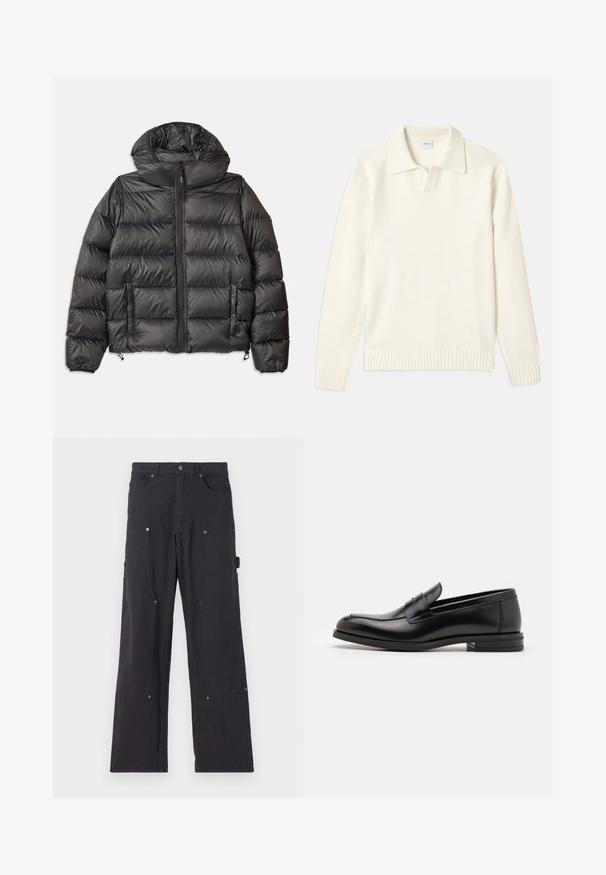 Črna puffer jakna s kapuco, z zadrgo spredaj, dvema stranskima žepoma in prešito teksturo. Narejena iz lahkega, izoliranega materiala.; Krema barve pletena jopica s polo ovratnikom, rebrastimi manšetami in robom, ki ima sprednji zadrgo in mehak tekstur.; Temno modra kratka majica s kratkimi rokavi z belim napisom "neanche per sogno" sredi prsnega dela, okrogli izrez, velikost srednja.; Črne cargo hlače iz trpežne tkanine s ravnim krojem, opremljene s sprednjimi žepi, zaponkami in stranskimi utilitarnimi žepi.; Črne usnjene loafer čevlje z gladko teksturo, zaobljenim nosom in dekorativnim trakom čez zgornji del. Nizka zložena peta, minimalističen dizajn.