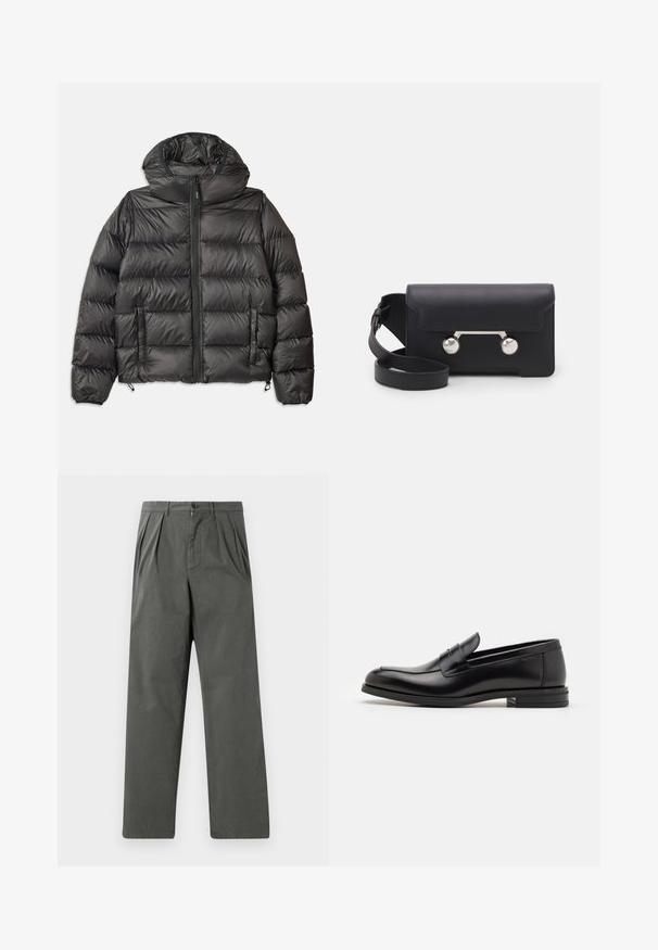 Black puffer jacket with a hood, featuring a zip front, two side pockets, and quilted texture. Made from lightweight, insulated material.; Cream-colored knit sweater with a polo collar, ribbed cuffs, and hem, featuring a front placket and soft texture.; Navy blue short-sleeve T-shirt with white text "neanche per sogno" centered on the chest, crew neck, medium size.; Lightweight, pleated trousers in dark gray cotton with a straight leg design. Features a front button closure and belt loops.; Black leather loafers with a smooth texture, rounded toe, and a decorative strap across the vamp. Low stacked heel, minimalist design.; Black leather crossbody bag with a flap closure, silver-tone hardware, and two round accents. Features a detachable strap. Smooth texture.