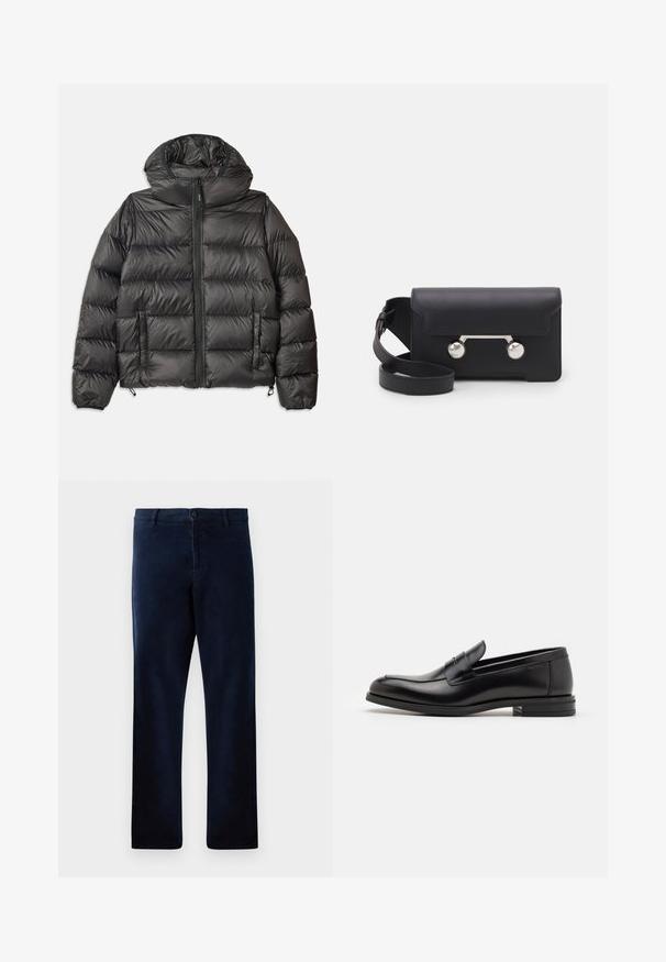 Veste en duvet noire avec capuche, dotée d'une fermeture éclair à l'avant, de deux poches latérales et d'une texture matelassée. Fabriquée en matériau léger et isolant.; Pull en tricot de couleur crème avec un col polo, des poignets et un ourlet côtelés, comportant une patte de boutonnage sur le devant et une texture douce.; T-shirt à manches courtes bleu marine avec le texte blanc "neanche per sogno" centré sur la poitrine, col rond, taille moyenne.; Pantalons bleu marine en tissu doux et texturé, avec une fermeture à bouton et une coupe droite, dotés de détails de couture subtils.; Mocassins en cuir noir avec une texture lisse, bout rond et une sangle décorative sur le dessus. Talon bas empilé, design minimaliste.; Sac bandoulière en cuir noir avec un rabat, accessoires en métal argenté et deux accents ronds. Doté d'une bandoulière amovible. Texture lisse.