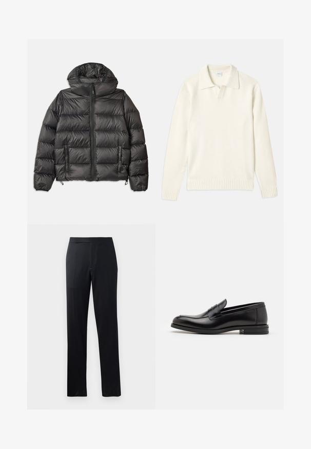 Veste en duvet noire avec capuche, dotée d'une fermeture éclair à l'avant, de deux poches latérales et d'une texture matelassée. Fabriquée en matériau léger et isolant.; Pull en tricot de couleur crème avec un col polo, des poignets et un ourlet côtelés, comportant une patte de boutonnage sur le devant et une texture douce.; T-shirt à manches courtes bleu marine avec le texte blanc "neanche per sogno" centré sur la poitrine, col rond, taille moyenne.; Pantalons noirs à jambe droite, présentant une texture lisse et une taille plate, adaptés pour des occasions formelles ou décontractées.; Mocassins en cuir noir avec une texture lisse, bout rond et une sangle décorative sur le dessus. Talon bas empilé, design minimaliste.