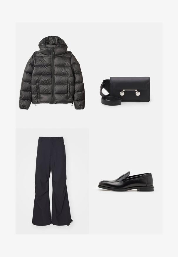 Casaco puffer preto com capuz, apresentando fecho de correr à frente, dois bolsos laterais e textura acolchoada. Feito de material leve e isolante.; Suéter tricotado de cor creme com gola polo, punhos e barra en ribana, apresentando uma pala frontal e uma textura suave.; T-shirt de manga curta azul marinho com o texto branco "neanche per sogno" centralizado no peito, gola redonda, tamanho médio.; Calças de perna larga em azul marinho, com um tecido suave, dois bolsos frontais e detalhes em cordão na bainha. Design limpo e elegante, sem adornos.; Mocassins de couro preto com uma textura suave, bico arredondado e uma faixa decorativa sobre o peito do pé. Salto baixo e empilhado, design minimalista.; Saco transversal em pele preta com fecho de aba, ferragens em tom prateado e dois acentos redondos. Apresenta uma alça destacável. Textura suave.