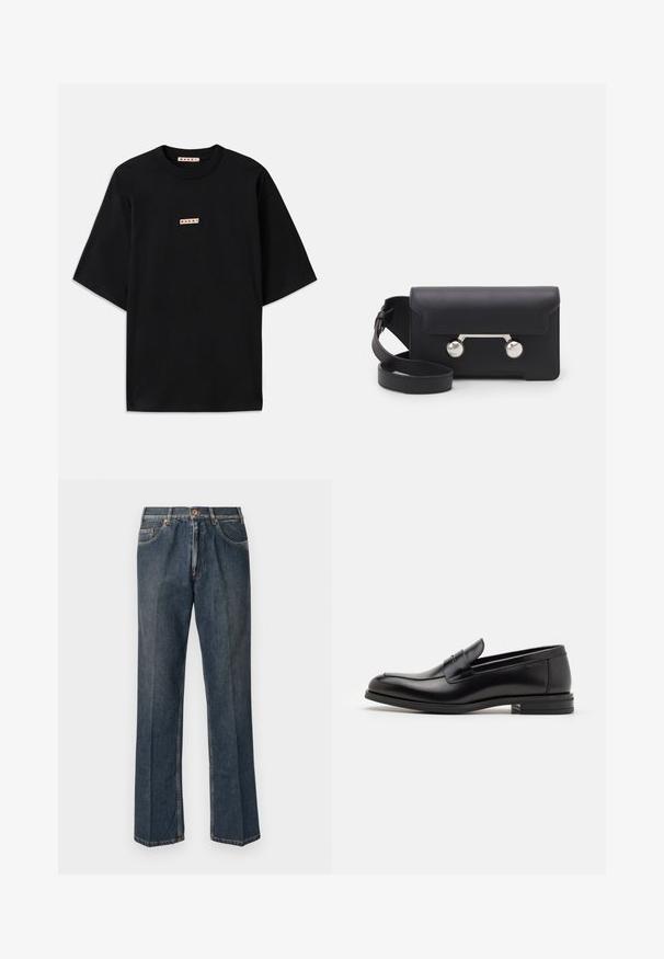 Melna pūkaina jaka ar kapuci, ar rāvējslēdzēju priekšā, divām sānu kabatām un quilted struktūru. Izgatavota no viegla, izolēta materiāla.; Krēms krāsas adīts džemperis ar polo apkakli, ribotām piedurknēm un apakšmalu, ar priekšējo atdari un mīkstu tekstūru.; Melnas īsām piedurknēm T-krekls, izgatavots no kokvilnas. Iekļauj apaļu kakla izgriezumu un nelielu logotipa birku uz krūtīm ar sarkanu uzrakstu. Minimālistisks dizains.; Tumši zili taisni džinsi ar priekšējo pogu, rāvējslēdzēju, dubultajām priekšējām kabatām un redzamām vertikālām krokām pa kājām.; Melnas ādas kurpes ar gludu tekstūru, noapaļu purngalu un dekoratīvu siksniņu pāri priekšpusei. Zems sakrauts papēdis, minimālisma dizains.; Melna ādas crossbody soma ar atloku aizdari, sudraba toņu aparatūru un divām apaļām detaļām. Iespējams noņemt siksnu. Gluda tekstūra.