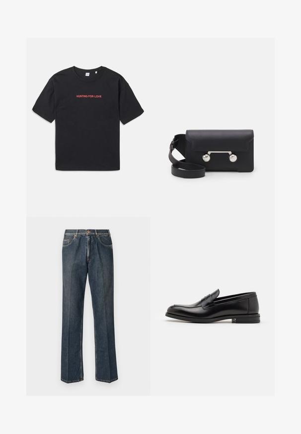 Must must vest, mille hoodiga, küljes on tõmblukk ja kaks küljetaskut ning ruuduline tekstuur. Valmistatud kergest, soojustatud materjalist.; Kreemivärvi kudumiga sviiter polo krae, sooniküttega varrukate ja äärega, ees klappi ja pehme tekstuuriga.; Must värvi puuvillane T-särk lühikeste varrukatega, millel on rindkerel brodeeritud punane tekst "ARMUJAHT". Lihtne ja lõdvestunud lõige.; Tumedast sinised sirged teksapüksid, millel on ees nupp, tõmblukk, kaks eesmist taskut ja nähtavad vertikaalsed kortsud pükste jalgu pidi.; Mustad mustad nahast loafers sileda tekstuuriga, ümarat ninaosa ja dekoratiivne riba vampi üle. Madal kihiline konts, minimalistlik disain.; Must со хsaid crossover kottiga black nahka, mis on varustatud klapiga sulgemisega, hõbedased detailid ja kaks ümmargust aksessuaar. Omab eemaldatavat rihma. Sile tekstuur.