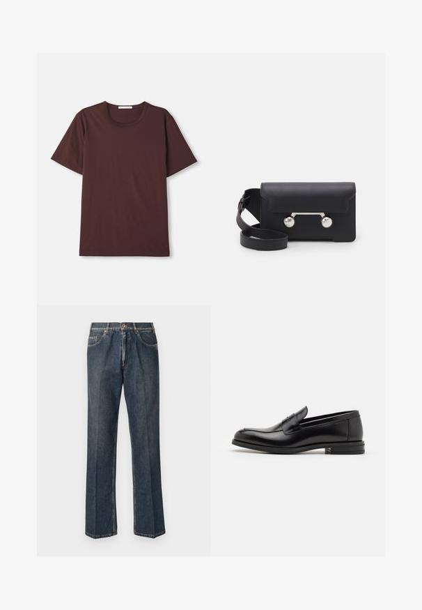 Černá péřová bunda s kapucí, se zipovým zapínáním vpředu, dvěma bočními kapsami a prošívanou strukturou. Vyrobena z lehkého, izolačního materiálu.; Krémový pletený svetr s polokošilovým límcem, žebrovanými manžetami a lemem, s předním zapínáním a měkkou texturou.; Tmavě burgundské tričko s krátkým rukávem vyrobené z měkké bavlny. Má kulatý výstřih a uvolněný střih bez viditelných vzorů nebo kovových prvků.; Tmavě modré džíny rovného střihu s předním poutkem, zipem, dvojitými předními kapsami a viditelnými vertikálními záhyby na nohavicích.; Černé kožené polobotky s hladkou texturou, zaoblenou špičkou a zdobným páskem přes nárt. Nízký stohovaný podpatek, minimalistický design.; Černá kožená crossbody taška s klopovým zavíráním, stříbrným kováním a dvěma kulatými detaily. Obsahuje odnímatelný popruh. Hladká textura.