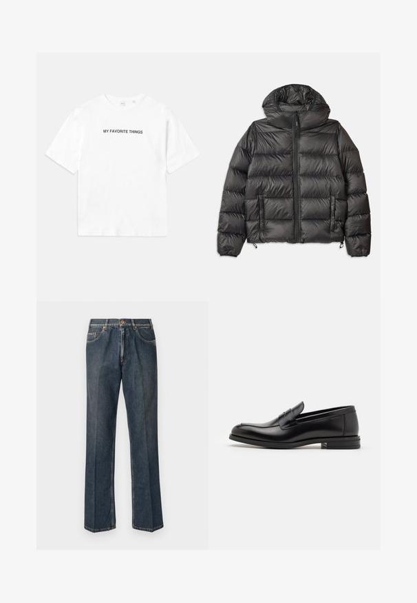 Black puffer jacket with a hood, featuring a zip front, two side pockets, and quilted texture. Made from lightweight, insulated material.; Cream-colored knit sweater with a polo collar, ribbed cuffs, and hem, featuring a front placket and soft texture.; White cotton t-shirt featuring short sleeves and a crew neck, with the text "MY FAVORITE THINGS" printed in black on the front and back.; Dark blue straight-leg denim jeans with front button, zip fly, double front pockets, and visible vertical creases down the legs.; Black leather loafers with a smooth texture, rounded toe, and a decorative strap across the vamp. Low stacked heel, minimalist design.