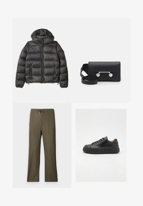 Čierna púzdrová bunda s kapucňou, so zipsovým predným uzáverom, dvoma bočnými vreckami a prešívanou textúrou. Vyrobená z ľahkého, izolačného materiálu.; Krémový pletený sveter s polokošaľovým golierom, rebrovanými manžetami a spodným lemom, s prednými gombíkmi a jemnou textúrou.; Voľné, olivovozelené ľanové nohavice s elastickým pásom a širokými nohavicami. Hladká textúra, minimalistický dizajn, žiadne viditeľné vzory ani akcenty.; Čierne kožené tenisky s okrúhlou špičkou, šnurovaním vpredu, hladkou textúrou, hrubou gumovou podrážkou a kontrastným béžovým interiérom.; Čierna kožená crossbody taška s klopovým uzáverom, strieborné nity a dve okrúhle ozdoby. Obsahuje odnímateľný popruh. Hladký povrch.