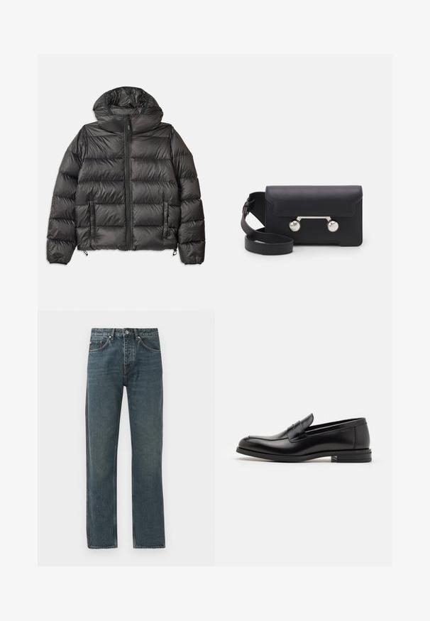 Must must vest, mille hoodiga, küljes on tõmblukk ja kaks küljetaskut ning ruuduline tekstuur. Valmistatud kergest, soojustatud materjalist.; Kreemivärvi kudumiga sviiter polo krae, sooniküttega varrukate ja äärega, ees klappi ja pehme tekstuuriga.; Tumed sinine denimist teksad sirge jala disainiga, viie tasku, nööbiga sulgemise ja kontrastsete õmbluse detailidega.; Mustad mustad nahast loafers sileda tekstuuriga, ümarat ninaosa ja dekoratiivne riba vampi üle. Madal kihiline konts, minimalistlik disain.; Must со хsaid crossover kottiga black nahka, mis on varustatud klapiga sulgemisega, hõbedased detailid ja kaks ümmargust aksessuaar. Omab eemaldatavat rihma. Sile tekstuur.