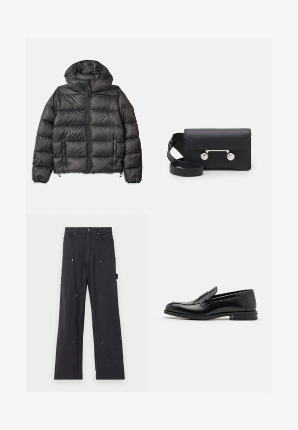 Zwarte gewatteerde jas met capuchon, voorzien van een ritssluiting aan de voorkant, twee zijzakken en een gewatteerde textuur. Gemaakt van lichtgewicht, geïsoleerd materiaal.; Crème-kleurige gebreide trui met een polo-kraag, geribde manchetten en zoom, voorzien van een voorste placket en een zachte textuur.; Zwarte cargobroek van duurzaam materiaal met een recht model, voorzien van voorzakken, drukknoopsluitingen en zijzakken voor gebruiksobjecten.; Zwarte leren instappers met een gladde textuur, ronde neus en een decoratieve band over de wreef. Lage, gestapelde hak en minimalistisch ontwerp.; Zwarte leren schoudertas met een klep, zilverkleurige hardware en twee ronde accenten. Voorzien van een afneembare schouderriem. Soepele textuur.