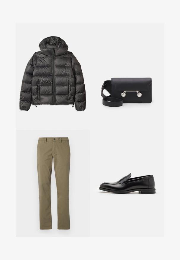 Mustapufferi takki hupulla, jossa on vetoketjukiinnitys, kaksi sivutaskua ja tikattu rakenne. Valmistettu kevyestä, eristävästä materiaalista.; Kermakoolne kootud sviiter polo kaelusega, ribadega mansetid ja äär, esipaneeliga ja pehme tekstuuriga.; Khaki-housut, jotka on valmistettu puuvillasta ja joissa on suora lahjemuotoilu, kaksi etutaskua sekä nappi- ja vetoketjusuljin.; Mustat nahkakengät, joissa on sileä pinta, pyöreä kärki ja koristeellinen nauha jalkapöydän yli. Matala pinoitu koroke, minimalistinen muotoilu.; Mustan nahkainen olkalaukku, jossa on läppäkiinnitys, hopeanväriset yksityiskohdat ja kaksi pyöreää koristetta. Varustettu irrotettavalla hihnalla. Sileä pinta.