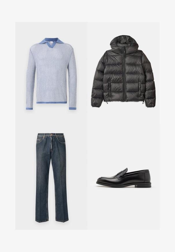 Czarna kurtka puchowa z kapturem, z zamkiem z przodu, dwoma bocznymi kieszeniami i pikowanym wzorem. Wykonana z lekkiego, ocieplającego materiału.; Jasnoniebieski sweter dzianinowy z długimi rękawami, z dekoltem w kształcie V i kontrastującym kołnierzykiem dżinsowym. Miękka faktura i standardowy krój.; Ciemnoniebieskie dżinsy prostego kroju z przodu na guzik, z suwakiem, podwójnymi kieszeniami z przodu oraz widocznymi pionowymi zmarszczeniami na nogawkach.; Czarne skórzane mokasyny o gładkiej fakturze, zaokrąglonym nosku i dekoracyjnym pasku na przodzie. Niski, warstwowy obcas, minimalistyczny design.