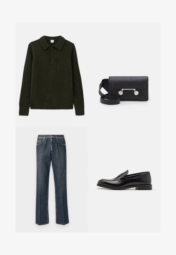 Schwarze Pufferjacke mit Kapuze, mit einem Reißverschluss vorne, zwei seitlichen Taschen und gestepptem Muster. Hergestellt aus leichtem, isoliertem Material.; Dunkelgrüner Strickpullover mit Kragen, vier Knopfblenden, strukturiertem Stoff sowie gerippten Bündchen und Saum, der ein gemütliches Erscheinungsbild bietet.; Dunkelblaue, gerade Jeans aus Denim mit vorderem Knopf, Reißverschluss, doppelten vorderen Taschen und sichtbaren vertikalen Falten entlang der Beine.; Schwarze Lederloafers mit glatter Textur, rundem Zehenbereich und einem dekorativen Riemen über dem Vorderfuß. Niedriger, gestapelter Absatz, minimalistisches Design.; Schwarze Leder-Umhängetasche mit Klappenverschluss, silberfarbener Hardware und zwei runden Akzenten. Verfügt über einen abnehmbaren Schulterriemen. Glatte Textur.