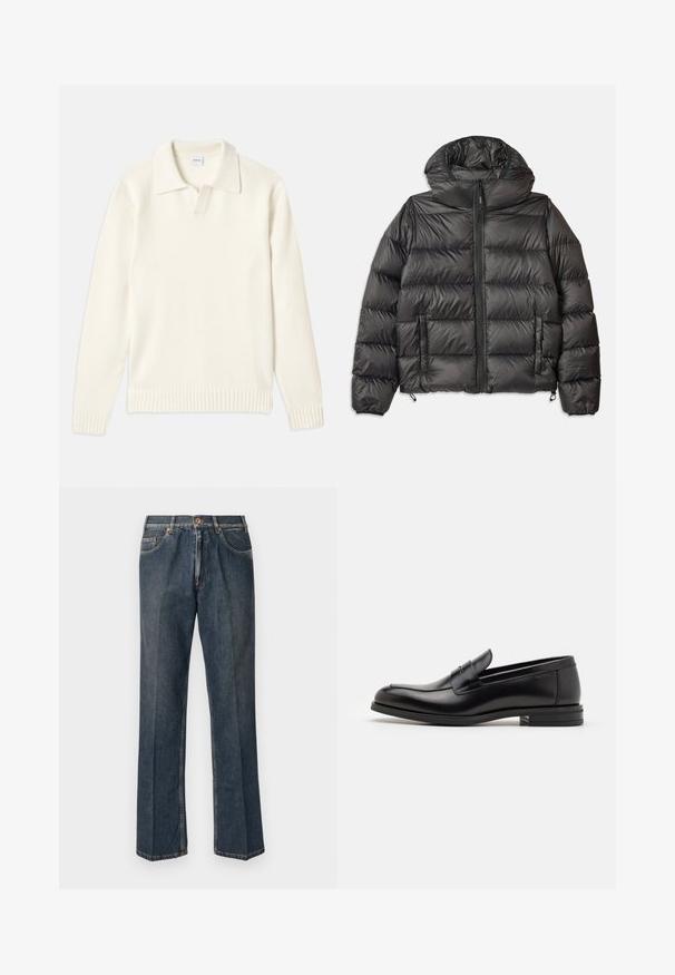 Schwarze Pufferjacke mit Kapuze, mit einem Reißverschluss vorne, zwei seitlichen Taschen und gestepptem Muster. Hergestellt aus leichtem, isoliertem Material.; Cremefarbener Strickpullover mit Polo-Kragen, gerippten Bündchen und Saum, ausgestattet mit einer vorderen Knopfleiste und weicher Textur.; Tiefblaue kurzärmelige T-Shirt mit weißem Text "neanche per sogno" zentriert auf der Brust, Rundhalsausschnitt, Größe M.; Dunkelblaue, gerade Jeans aus Denim mit vorderem Knopf, Reißverschluss, doppelten vorderen Taschen und sichtbaren vertikalen Falten entlang der Beine.; Schwarze Lederloafers mit glatter Textur, rundem Zehenbereich und einem dekorativen Riemen über dem Vorderfuß. Niedriger, gestapelter Absatz, minimalistisches Design.