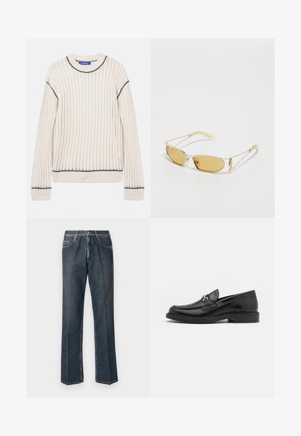 Čierna púzdrová bunda s kapucňou, so zipsovým predným uzáverom, dvoma bočnými vreckami a prešívanou textúrou. Vyrobená z ľahkého, izolačného materiálu.; Krémový rebrovaný sveter vyrobený z mäkkého materiálu, so tmavošedými akcentmi na výstrihu a leme, s dlhými rukávmi.; Námornícky modré tričko s krátkym rukávom, biely nápis "ani vo sne" umiestnený na strede hrude, okrúhly výstrih, stredná veľkosť.; Tmavomodré rovné džínsy s predným gombíkom, zipsom, dvojitými prednými vreckami a viditeľnými vertikálnymi pukmi pozdĺž nohavíc.; Čierne kožené loafers so zaoblenou špičkou, s pozlátenými kovovými prvkami a detailným šitím, uložené na nízkej, textúrovanej gumenej podrážke.; Žlté slnečné okuliare s priesvitným zlatým rámom, štíhlym obdĺžnikovým tvarom a ostrými rámami so svetlozelenými akcentmi.; Čierna kožená crossbody taška s klopovým uzáverom, strieborné nity a dve okrúhle ozdoby. Obsahuje odnímateľný popruh. Hladký povrch.