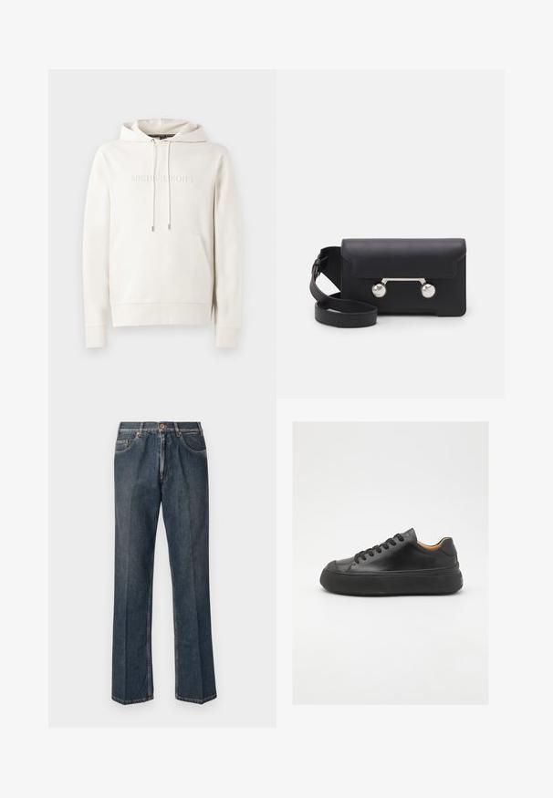Čierna púzdrová bunda s kapucňou, so zipsovým predným uzáverom, dvoma bočnými vreckami a prešívanou textúrou. Vyrobená z ľahkého, izolačného materiálu.; Biela mikina s kapucňou, obsahujúca predné vrecko, šnúrky na stiahnutie a embosované logo. Vyrobená z mäkkej tkaniny s pletenými manžetami a spodným lemom. Minimalistický dizajn.; Tmavomodré rovné džínsy s predným gombíkom, zipsom, dvojitými prednými vreckami a viditeľnými vertikálnymi pukmi pozdĺž nohavíc.; Čierne kožené tenisky s okrúhlou špičkou, šnurovaním vpredu, hladkou textúrou, hrubou gumovou podrážkou a kontrastným béžovým interiérom.; Čierna kožená crossbody taška s klopovým uzáverom, strieborné nity a dve okrúhle ozdoby. Obsahuje odnímateľný popruh. Hladký povrch.