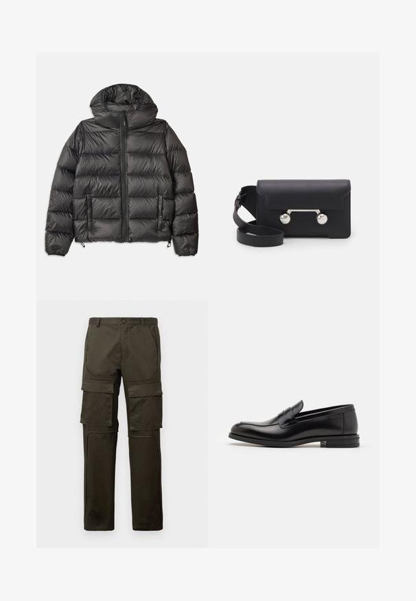 Čierna púzdrová bunda s kapucňou, so zipsovým predným uzáverom, dvoma bočnými vreckami a prešívanou textúrou. Vyrobená z ľahkého, izolačného materiálu.; Biely dlhý rukáv košeľa s gombíkmi vyrobená z bavlny, s náprsného vrecka s tonálnou výšivkou, golierom a gombíkovými manžetami.; Tmavoolivové cargo nohavice s viacerými veľkými prednými a stehennými vreckami, zapínaním na gombíky a prešitými kolennými panelmi na bielom pozadí.; Čierne kožené mokasíny s hladkou textúrou, zaoblenou špičkou a dekoračným pásikom cez priehlavok. Nízky vrstvený opätok, minimalistický dizajn.; Čierna kožená crossbody taška s klopovým uzáverom, strieborné nity a dve okrúhle ozdoby. Obsahuje odnímateľný popruh. Hladký povrch.
