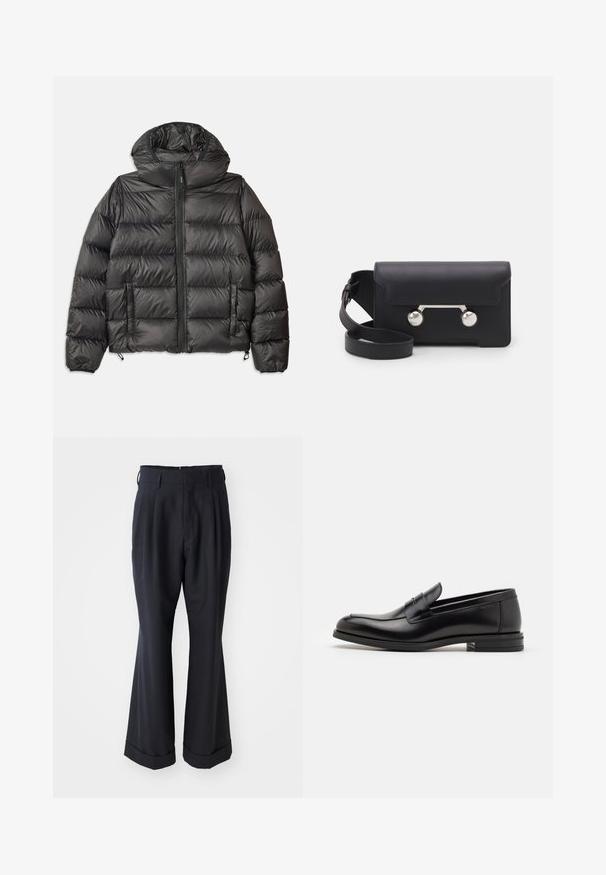 Czarna kurtka puchowa z kapturem, z zamkiem z przodu, dwoma bocznymi kieszeniami i pikowanym wzorem. Wykonana z lekkiego, ocieplającego materiału.; Biała koszula z długim rękawem na guziki, wykonana z bawełny, z kieszonką na piersi z tonowym haftem, kołnierzykiem i zapięciem na guziki przy mankietach.; Czarne eleganckie spodnie w luźnym kroju, z plisowanym przodem i szerokimi nogawkami. Posiadają zakończenie z mankietem i gładką fakturę materiału.; Czarne skórzane mokasyny o gładkiej fakturze, zaokrąglonym nosku i dekoracyjnym pasku na przodzie. Niski, warstwowy obcas, minimalistyczny design.; Czarna skórzana torba na ramię z klapką, z metalowymi elementami w srebrnym kolorze i dwoma okrągłymi akcentami. Posiada odczepiany pasek. Gładka faktura.