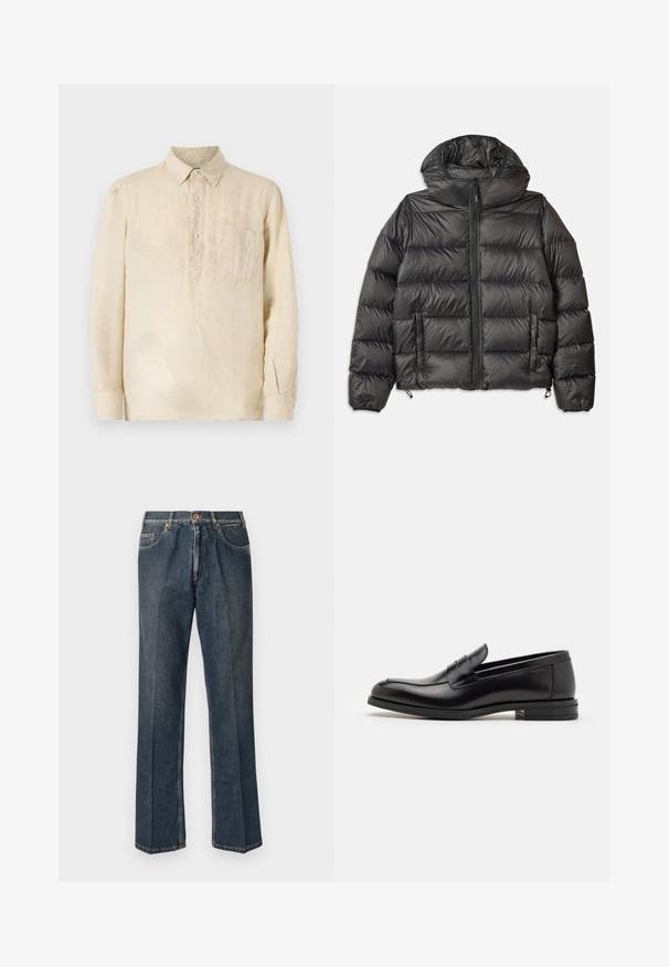 Černá péřová bunda s kapucí, se zipovým zapínáním vpředu, dvěma bočními kapsami a prošívanou strukturou. Vyrobena z lehkého, izolačního materiálu.; Béžová lněná košile s dlouhým rukávem a límcem na knoflíčky, přední kapsou a volným střihem. texturovaná tkanina přidává jemný vizuální šarm.; Námořnická modrá krátkosrstá tričko s bílým textem "neanche per sogno" umístěným na hrudi, kulatý výstřih, velikost M.; Tmavě modré džíny rovného střihu s předním poutkem, zipem, dvojitými předními kapsami a viditelnými vertikálními záhyby na nohavicích.; Černé kožené polobotky s hladkou texturou, zaoblenou špičkou a zdobným páskem přes nárt. Nízký stohovaný podpatek, minimalistický design.