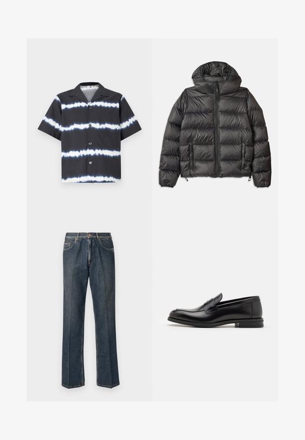 Veste en duvet noire avec capuche, dotée d'une fermeture éclair à l'avant, de deux poches latérales et d'une texture matelassée. Fabriquée en matériau léger et isolant.; Chemise à manches courtes noire avec des rayures tie-dye blanches, dotée d'un col, d'un bouton sur le devant et d'une seule poche poitrine. Fabriquée en tissu doux.; Jeans en denim droit bleu foncé avec un bouton à l'avant, une fermeture éclair, deux poches avant et des plis verticaux visibles le long des jambes.; Mocassins en cuir noir avec une texture lisse, bout rond et une sangle décorative sur le dessus. Talon bas empilé, design minimaliste.