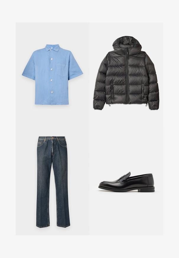 Schwarze Pufferjacke mit Kapuze, mit einem Reißverschluss vorne, zwei seitlichen Taschen und gestepptem Muster. Hergestellt aus leichtem, isoliertem Material.; Himmelblaues Kurzarmhemd aus Leinen mit Knopfverschluss, spitzem Kragen und einer Brusttasche. Glatte Textur.; Dunkelblaue, gerade Jeans aus Denim mit vorderem Knopf, Reißverschluss, doppelten vorderen Taschen und sichtbaren vertikalen Falten entlang der Beine.; Schwarze Lederloafers mit glatter Textur, rundem Zehenbereich und einem dekorativen Riemen über dem Vorderfuß. Niedriger, gestapelter Absatz, minimalistisches Design.