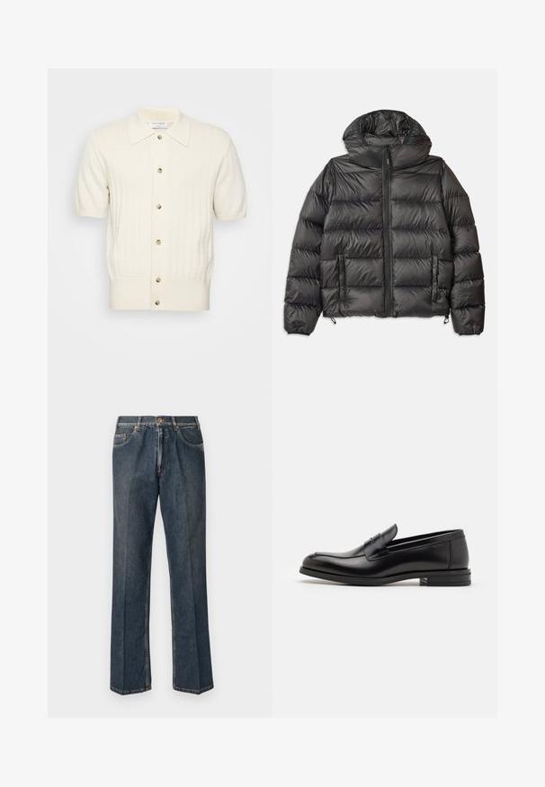Fekete pufi dzseki kapucnival, elöl cipzáras, két oldalsó zsebbel és steppelt textúrával. Könnyű, szigetelő anyagból készült.; Rövid ujjas krém színű kardigán, bordázott textúrával, öt gombos záródással és hegyes gallérral. Az anyaga lágy és sima.; Sötétkék egyenes szárú farmernadrág elülső gombbal, cipzáros behúzással, dupla elülső zsebekkel és lábszárakon látható függőleges ráncokkal.; Fekete bőr loaferek sima textúrával, kerek orral és dekoratív pánttal a vampnál. Alacsony, rétegelt sarkú, minimalista dizájn.