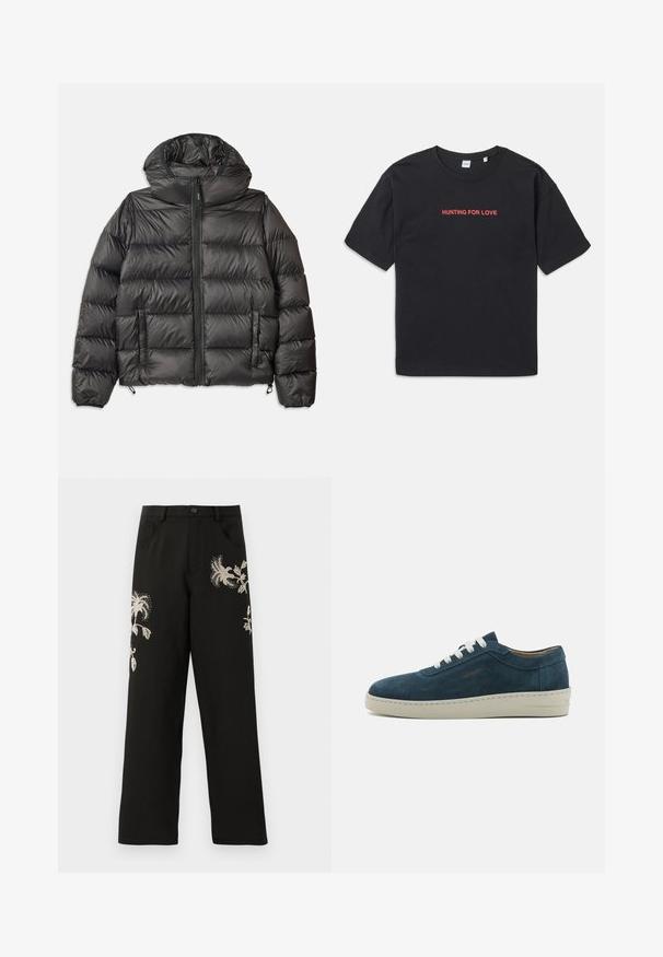 Jachetă puffer neagră cu glugă, având sistem de închidere cu fermoar, două buzunare laterale și textură matlasată. Fabricată dintr-un material ușor, izolant.; Tricou negru din bumbac, cu mâneci scurte, cu text roșu "CĂUTÂND IUBIRE" brodat pe piept. Croi simplu și lejer.; Pantaloni negri cu talie largă, cu broderie florală în nuanțe de crem. Au buzunare frontale și închidere cu nasture, fiind confecționați dintr-un material textil neted.; Sneakers albastre din suede, cu vârf rotund, șireturi albe și talpă din cauciuc. Prezintă cusături subtile și un accent de marcă pe lateral.