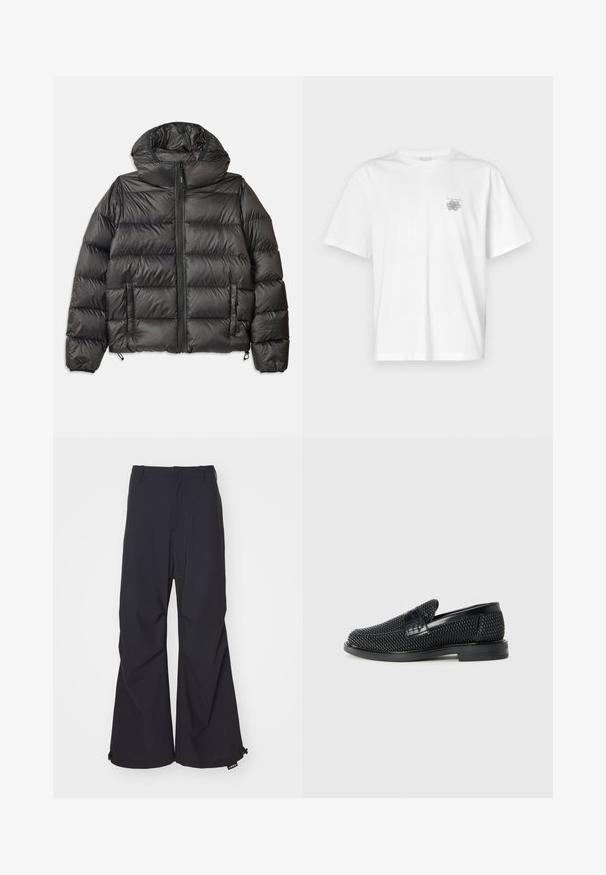 Schwarze Pufferjacke mit Kapuze, mit einem Reißverschluss vorne, zwei seitlichen Taschen und gestepptem Muster. Hergestellt aus leichtem, isoliertem Material.; Weißes T-Shirt aus Baumwolle mit kurzen Ärmeln, Rundhalsausschnitt und kleinem grauen Logo auf der linken Brustseite. Glatte Textur.; Marineblaue Schlaghosen aus einem glatten Stoff, mit zwei Vorderaschen und Zugband-Akzenten am Saum. Sauberes, maßgeschneidertes Design ohne Verzierungen.; Schwarzer geflochtener Slipper mit einem glatten Lederakzent im Obermaterial, einem runden Zehendesign und einer flachen Gummisohle.