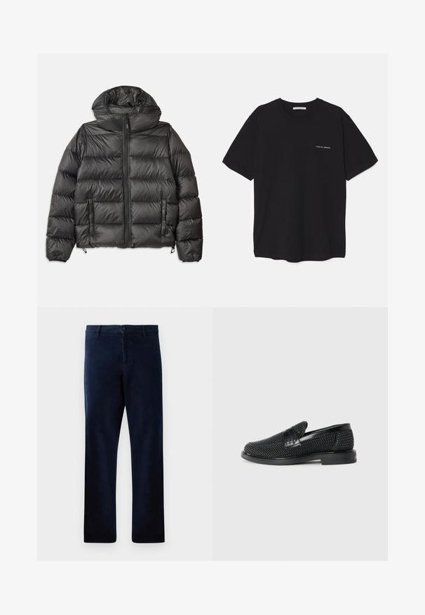 Čierna púzdrová bunda s kapucňou, so zipsovým predným uzáverom, dvoma bočnými vreckami a prešívanou textúrou. Vyrobená z ľahkého, izolačného materiálu.; Čierne bavlnené tričko s okrúhlym výstrihom, krátkymi rukávmi a bielou potlačou loga na ľavej hrudi. Jednoduchý, jednoliaty dizajn.; Námornícke modré nohavice vyrobené z mäkkej, textúrovanej tkaniny, s gombíkovým zapínaním a rovnými nohavicami, s jemnými stehmi.; Čierne tkané slip-on topánky s hladkým koženým akcentom na vrchnej časti, s okrúlym dizajnom špičky a nízkoprofilovou gumovou podrážkou.