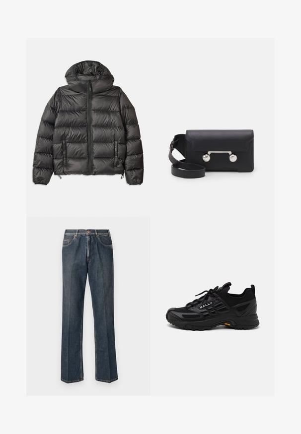 Crna puffer jakna s kapuljačom, s patentnim zatvaračem sprijeda, dva bočna džepa i kviltanom teksturom. Napravljena od laganog, izoliranog materijala.; Tamno plava majica kratkih rukava s bijelim natpisom "neanche per sogno" u središtu grudi, okrugli izrez, srednja veličina.; Tamno plave traperice ravnog kroja s prednjim gumbom, patentnim zatvaračem, dvojim prednjim džepovima i vidljivim vertikalnim naborima duž nogu.; Crne atletske cipele s mješavinom teksturiranih sintetičkih materijala i mrežice. Imaju čvrstu potplat, sustav vezivanja i istaknut detalj s logotipom.; Crna kožna crossbody torba s preklopom, hardverom srebrne boje i dva okrugla detalja. Ima odvojivi remen. Glatka tekstura.