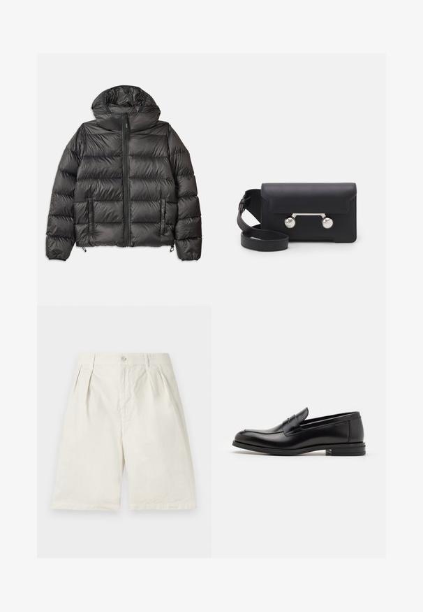 Melna pūkaina jaka ar kapuci, ar rāvējslēdzēju priekšā, divām sānu kabatām un quilted struktūru. Izgatavota no viegla, izolēta materiāla.; Tumši zilas krāsas īsās piedurknes T-krekls ar baltu tekstu "neanche per sogno", kas centrēts uz krūtīm, apaļa kakla izgriezums, vidēja izmēra.; Krems krāsas kokvilnas šorti ar pudelēm priekšpusē, sānu kabatām un pogu aizdari. Audumam ir gluda tekstūra un piegriezums, kas ir izveidots.; Melnas ādas kurpes ar gludu tekstūru, noapaļu purngalu un dekoratīvu siksniņu pāri priekšpusei. Zems sakrauts papēdis, minimālisma dizains.; Melna ādas crossbody soma ar atloku aizdari, sudraba toņu aparatūru un divām apaļām detaļām. Iespējams noņemt siksnu. Gluda tekstūra.