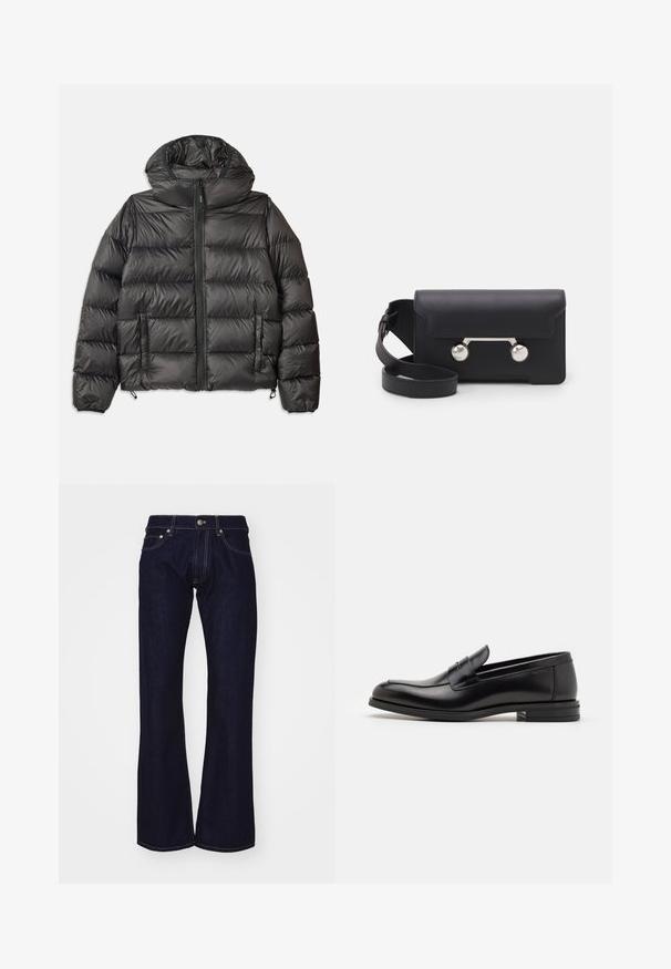 Juodas pūkinis džemperis su kapišonu, turintis užtrauktuką priekyje, dvi šonines kišenes ir siuvinės tekstūrą. Pagamintas iš lengvos, izoliacinės medžiagos.; Tamsiai mėlynas trumpa rankovė T-palaidinė su balta tekstu "neanche per sogno" centruota ant krūtinės, apvaliu kaklu, vidutinio dydžio.; Tamsiai mėlynos džinsinės kelnės su plačiomis apačiomis ir aukšta juosmeniu, su kontrastingais geltonais siūlais ir metalinėmis detalėmis juosmens ir kišenių srityse.; Juodos odinės loafers, turinčios lygų paviršių, apvalią noselę ir dekoratyvinę juostą per priekinę dalį. Žemas krentantis kulnas, minimalistinis dizainas.; Juodas odinis kryžminis krepšys su sklendės uždarymu, sidabro spalvos detalėmis ir dviem apvaliais akcentais. Yra nusiimamas diržas. Lygus paviršius.