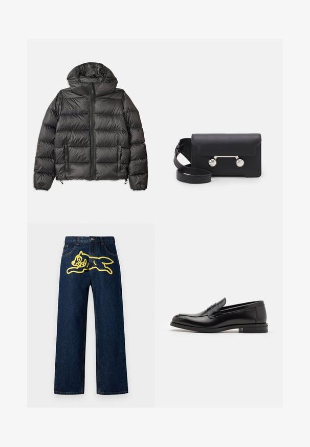 Must must vest, mille hoodiga, küljes on tõmblukk ja kaks küljetaskut ning ruuduline tekstuur. Valmistatud kergest, soojustatud materjalist.; Tumedat sinise lühikeste varrukatega T-särk, millel on valge tekst "neanche per sogno" keskel rinnal, ümmargune kaelus, keskmine suurus.; Tumed sinised teksad, millel on suur kollane graafika hüppavast tegelasest tagakotil. Sirge jalgade disain tavalise õmblusega.; Mustad mustad nahast loafers sileda tekstuuriga, ümarat ninaosa ja dekoratiivne riba vampi üle. Madal kihiline konts, minimalistlik disain.; Must со хsaid crossover kottiga black nahka, mis on varustatud klapiga sulgemisega, hõbedased detailid ja kaks ümmargust aksessuaar. Omab eemaldatavat rihma. Sile tekstuur.