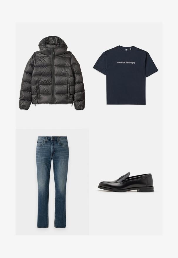 Czarna kurtka puchowa z kapturem, z zamkiem z przodu, dwoma bocznymi kieszeniami i pikowanym wzorem. Wykonana z lekkiego, ocieplającego materiału.; Granatowa koszulka z krótkim rękawem z białym napisem "neanche per sogno" umieszczonym na środku klatki piersiowej, okrągły dekolt, rozmiar średni.; Granatowe dżinsy o prostym kroju. Cechy to: przednie kieszenie, zapięcie na guzik oraz delikatne wyblaknięcia w okolicy ud.; Czarne skórzane mokasyny o gładkiej fakturze, zaokrąglonym nosku i dekoracyjnym pasku na przodzie. Niski, warstwowy obcas, minimalistyczny design.