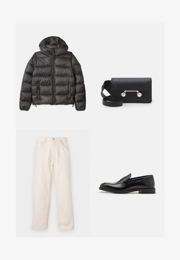 Giacca con cappuccio nera in piumino, con chiusura a zip frontale, due tasche laterali e texture trapuntata. Realizzata in materiale leggero e isolante.; T-shirt blu navy a maniche corte con scritta bianca "neanche per sogno" centrata sul petto, colletto girocollo, taglia media.; Jeans beige a gamba dritta in denim, con chiusura a bottone, cinque tasche e dettagli di cucitura visibili. Tessuto liscio.; Mocassini neri in pelle con una texture liscia, punta arrotondata e una striscia decorativa sulla tomaia. Tacco basso impilato, design minimalista.; Borsa a tracolla in pelle nera con chiusura a patta, hardware in tonalità argento e due accenti tondi. Dotata di una tracolla removibile. Texture liscia.